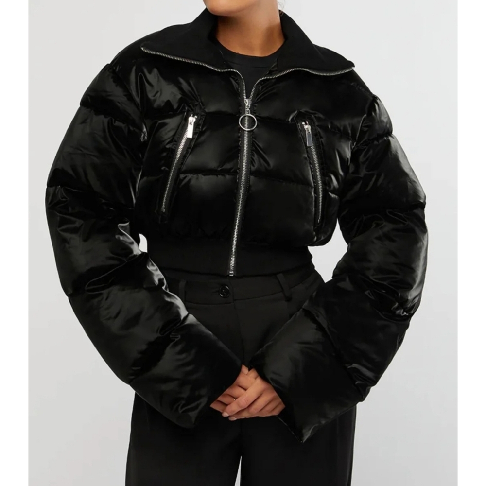 WeWoreWhat Glossy Cropped Puffer Jacket Size Medium In Black NWT